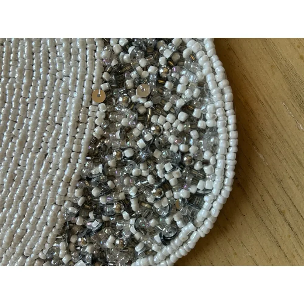 Tahari Heavily Beaded Round Placemat Silver Glass White Sequins Wedding Holiday